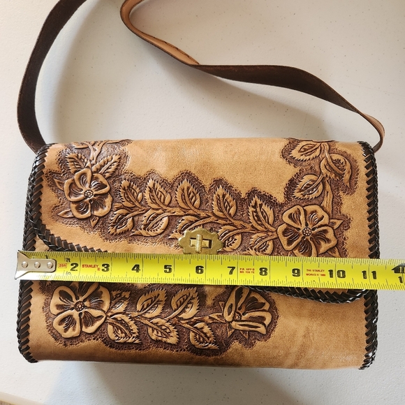 Vintage 1970s Ostrich Tooled Floral Leather Shoulder Bag Purse Boho Festival 70s - Picture 9 of 10